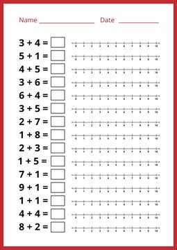 Math worksheet for kids, addition using a number line. preschool and school education