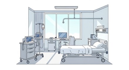 Modern Hospital Room with Medical Equipment and Bed in Bright Natural Light