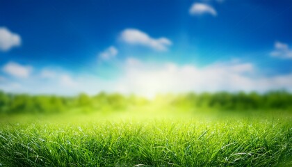 Nature Background With Sunny Spring Meadow Blur Background Blue Sky To Green Grass