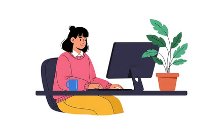 Woman Working on Computer at Desk with Potted Plant and Blue Mug Keywords: woman, computer, desktop, monitor, keyboard, mouse, desk, working, typing isolated on a transparent background