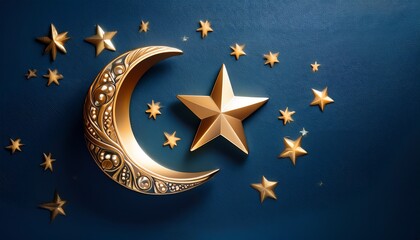 Elegant Golden Crescent Moon And Star Adorn A Deep Blue Background With Subtle Warm Light Illumination