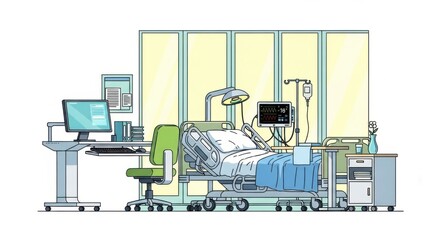 Hospital Bed in Modern Intensive Care Unit with Medical Equipment and Monitoring Devices