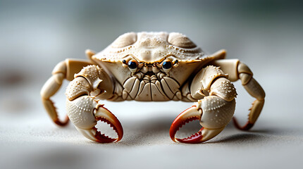 A close-up view of a crab with red-tipped claws on a light colored surface, 8k image
