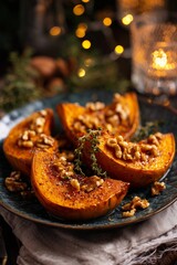 Honey-roasted pumpkin slices topped with walnuts and thyme rest on festive linen with soft glowing lights and cozy Christmas charm.