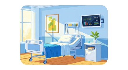 Modern Hospital Patient Bedroom with Hospital Bed and Medical Equipment
