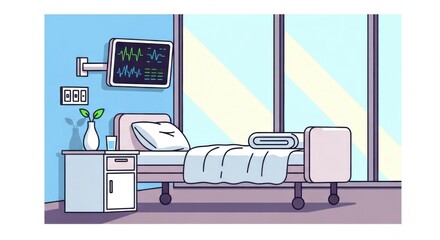 Hospital Bed in Modern Medical Room with Medical Equipment and Large Windows