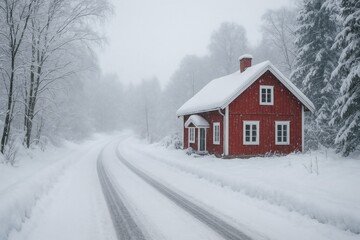 Naklejka premium Scandinavian Red Wooden Cabin in Snowy Forest – Idyllic Winter Landscape, Finland Countryside