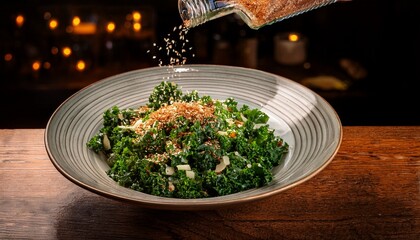Fresh Kale Salad With Toppings Being Prepared In Restaurant Setting