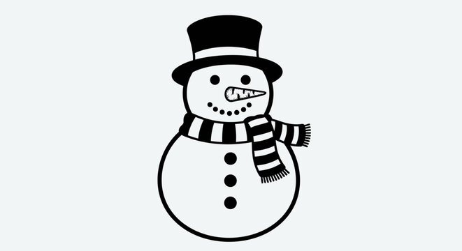 A simple black and white illustration of a snowman wearing a hat and scarf.
