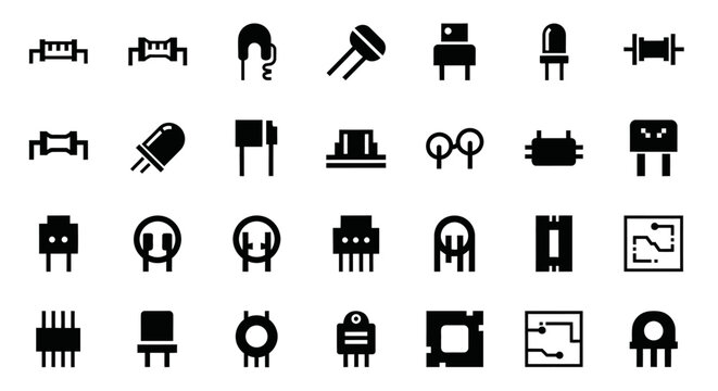 A diverse collection of black silhouette icons representing various electronic components for circuit design.