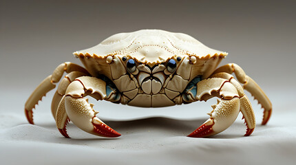 Close-up shot of a crab with red claws and blue eyes on a white background stage, HD and 4k image