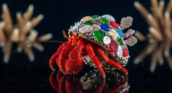 A vibrant red hermit crab showcases its ornate, custom-designed shell on a dark reflective surface