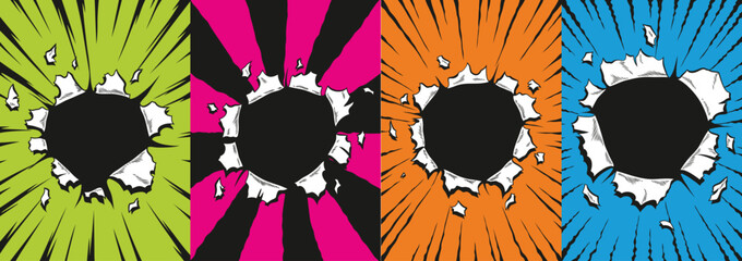 Set of comic book holes. Vector paper is torn through boom explosion. Circle holes in the middle on color backgrounds. Comics style cover template or flyer wallpapers