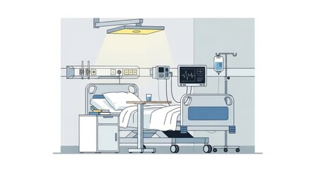 Hospital Bed in Modern Intensive Care Unit with Medical Equipment and Monitoring Devices