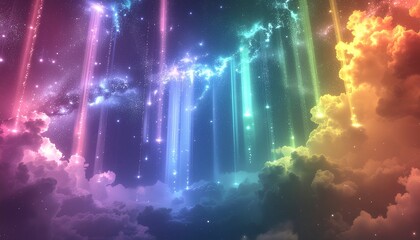 虹色の光が降り注ぐ幻想的な天空の風景