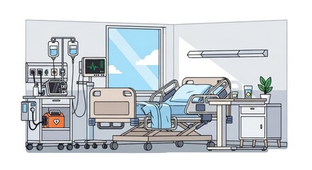 Hospital Bed in Modern Medical Room with Medical Equipment and Natural Light
