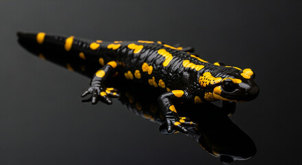 A glossy black fire salamander exhibits a striking pattern of bright yellow spots across its body