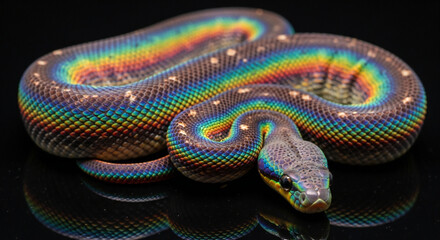 A stunning iridescent rainbow boa gracefully coiled, showcasing vibrant, shifting colors on scales