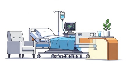 Modern Hospital Bed in Patient Room with Medical Equipment and Green Plant