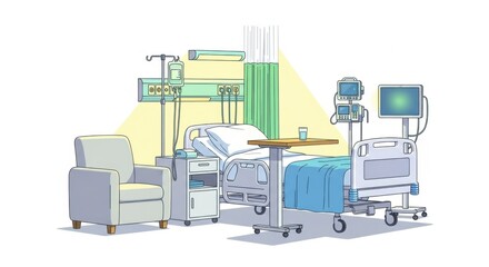 Hospital Bed in Medical Ward with Monitoring Equipment and Comfortable Chair