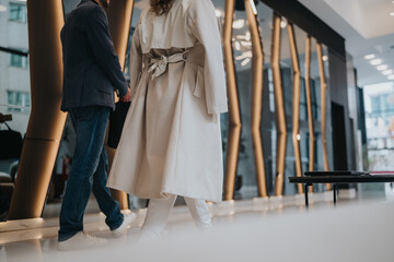 Fototapeta premium Two colleagues stroll through a bright, contemporary office lobby. One wears a beige trench coat, the other in jeans and a blazer, signaling collaboration and professional urban work life.