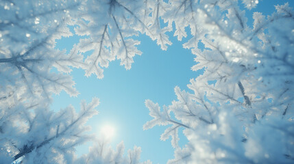 Naklejka premium Looking Through Tree Branches Completely Covered in Heavy Snow. Abstract Winter Pattern and Background