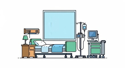 Hospital Bed with Medical Equipment and Monitoring Devices in Clean Clinical Environment