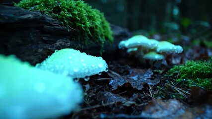 Rain Kissed Fungi Illumination: Bioluminescent mushrooms glistening with fresh dew or raindrops, their natural light amplified by the moisture, creating a vibrant, reflective, and serene nocturnal for