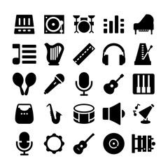Musical Instrument Icons Set | Grand Piano Guitar Drum Set Saxophone Microphone Trumpet Xylophone Harp Maracas Headphones Metronome Speaker Record Mixer