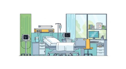 Modern Hospital Room with Bed Medical Equipment and Computer Desk
