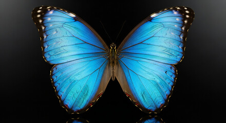 Elegant blue morpho butterfly displays its iridescent wings, contrasted against a dark backdrop