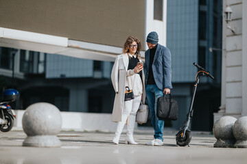 A stylish couple stands on a city sidewalk, checking a phone while carrying bags. An electric scooter sits nearby, highlighting casual urban life and modern fashion.