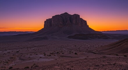 Naklejka premium Dramatic desert mesa stands silhouetted against a vibrant twilight sky.