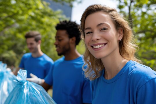 Young diverse adults volunteering for park cleanup in blue shirts