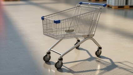 Metal supermarket cart with blue handles on reflective floor, pallets and shelves in background, highlighting everyday shopping and retail environment