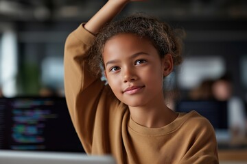Young african female child in classroom raising hand for coding lesson