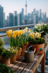 Obraz premium Spring balcony garden with yellow tulips and daffodils overlooking city skyline