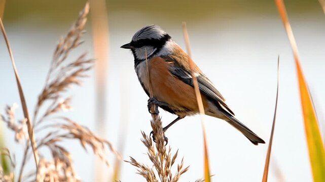Penduline Tit Perched on a Reed Calling Out, Close Up