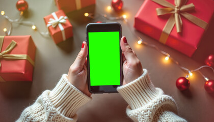 Hands holding green screen phone with gift table in background