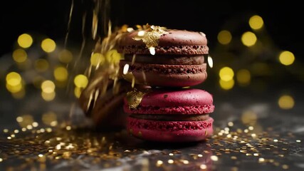 Cinematic Slow Motion Gold Glitter Falling on Luxury Macaron Stack