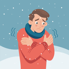 Man shivering in a cold winter snowy landscape. Man is freezing from the cold