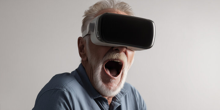 Older excited man wearing vr headset googles 