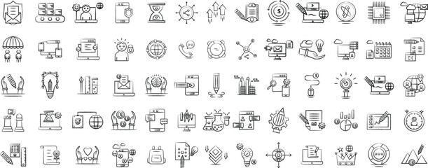 Collection of business and marketing icons in a hand drawn silhouette style.