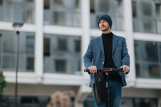 A man in a blazer and beanie rides an electric scooter through a modern city street, presenting urban fashion, casual confidence, and daily commuting lifestyle.