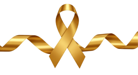 Shiny golden awareness ribbon with flowing wavy ends isolated on a transparent background