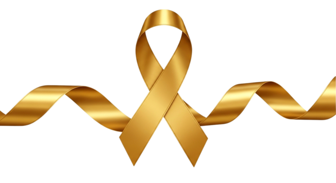 Shiny golden awareness ribbon with flowing wavy ends isolated on a transparent background