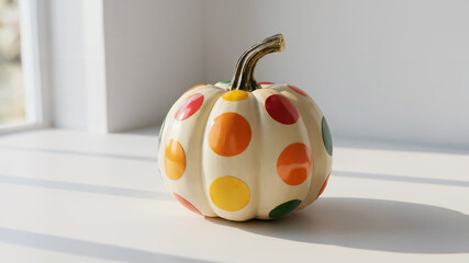 Polka dotted white pumpkin on clean surface