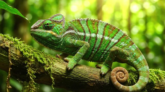 Intricate details of a chameleon's prehensile tail coiling around a slender branch, demonstrating its grip and balance amidst the rich biodiversity of its ecosystem.