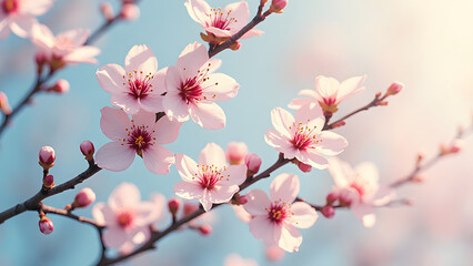 Obraz premium 春の桜の花と青空の背景イメージ｜Cherry Blossoms in Spring with Blue Sky Background