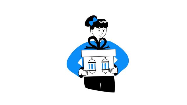 A girl holding gift box in her hands, denoting concept animated illustration of eid gift
